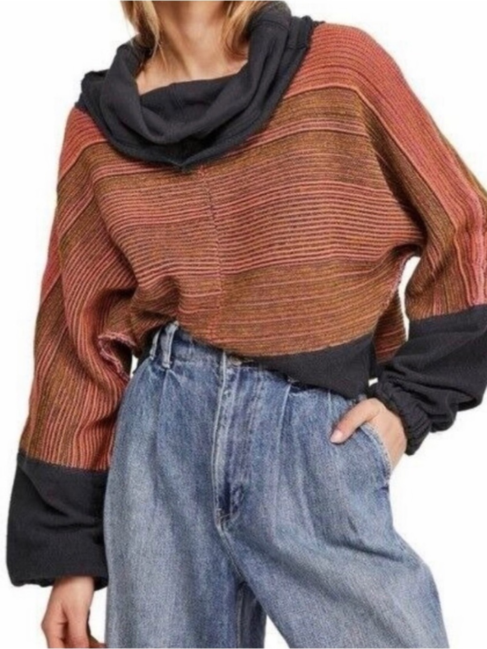 Free People Catch A Smile Oversized Slouchy Striped Cotton Cropped Sweater S